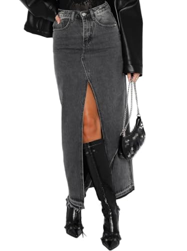 Onsoyours Jeansrock Damen Sommerrock High Waist Lang Jeansrock Y2K Skirt mit Vorderem Schlitz Denim Freizeitrock Reißverschluss Stretch Used-Look A Grau L von Onsoyours