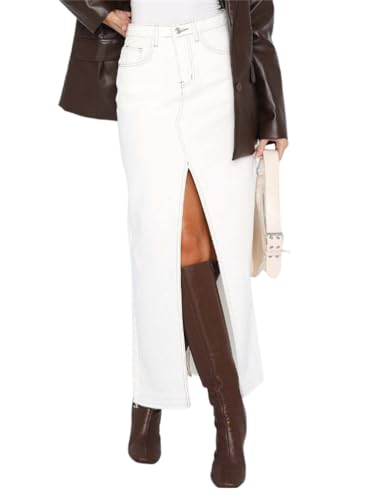 Onsoyours Jeansrock Damen Sommerrock High Waist Lang Jeansrock Y2K Skirt mit Vorderem Schlitz Denim Freizeitrock Reißverschluss Stretch Used-Look A Weiß XS von Onsoyours