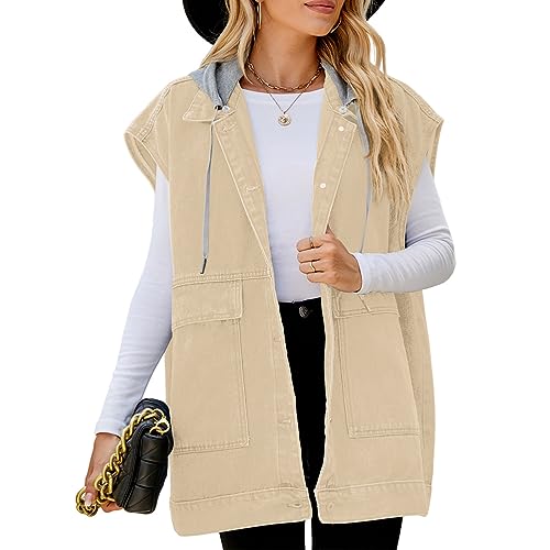 Onsoyours Jeansweste Damen Hooded Jacke Ärmellos Revers Jeansjacke mit Abnehmbarem Kapuzen Used Look Denim Weste mit Knopfleiste und Tasche Kapuzen Jeansweste B Khaki XL von Onsoyours