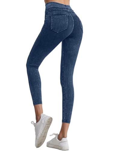 Onsoyours Jeggings Damen Stretch Bequem High Waist Jeans Leggings mit Taschen Skinny Jeanshosen Casual Sexy Denim Jeggings Yogahose Streetwear A Blau L von Onsoyours