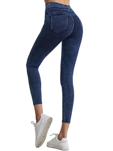 Onsoyours Jeggings Damen Stretch Bequem High Waist Jeans Leggings mit Taschen Skinny Jeanshosen Casual Sexy Denim Jeggings Yogahose Streetwear A Dunkelblau S von Onsoyours