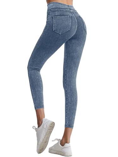 Onsoyours Jeggings Damen Stretch Bequem High Waist Jeans Leggings mit Taschen Skinny Jeanshosen Casual Sexy Denim Jeggings Yogahose Streetwear A Hellblau L von Onsoyours