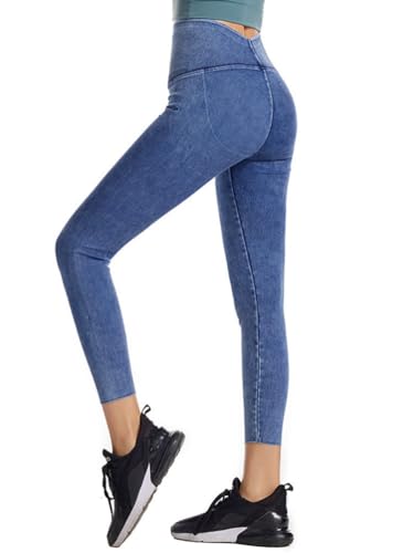 Onsoyours Jeggings Damen Stretch Bequem High Waist Jeans Leggings mit Taschen Skinny Jeanshosen Casual Sexy Denim Jeggings Yogahose Streetwear B Blau L von Onsoyours