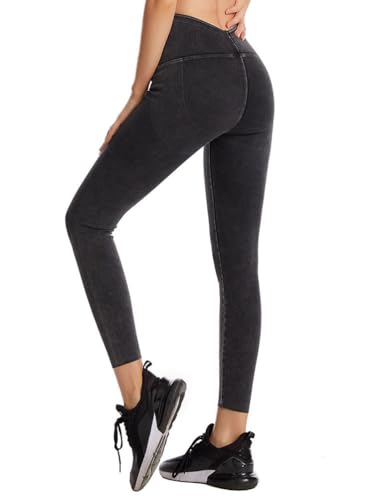 Onsoyours Jeggings Damen Stretch Bequem High Waist Jeans Leggings mit Taschen Skinny Jeanshosen Casual Sexy Denim Jeggings Yogahose Streetwear B Dunkelgrau S von Onsoyours