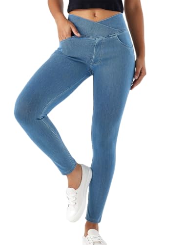 Onsoyours Jeggings Damen Stretch High Waist V Cross Skinny Jeans Leggings Jeanshose Gym Jogging Yogahose Sexy Denim Jeggings B Hellblau L von Onsoyours