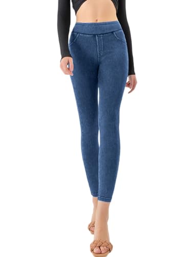 Onsoyours Jeggings Damen Stretch Leggings Skinny Jeans High Waist Sportleggins Jogginghose Denim Stretch Hose mit Taschen Pants Fitnesshose Yogahose A Blau S von Onsoyours