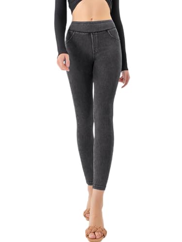 Onsoyours Jeggings Damen Stretch Leggings Skinny Jeans High Waist Sportleggins Jogginghose Denim Stretch Hose mit Taschen Pants Fitnesshose Yogahose A Dunkelgrau S von Onsoyours