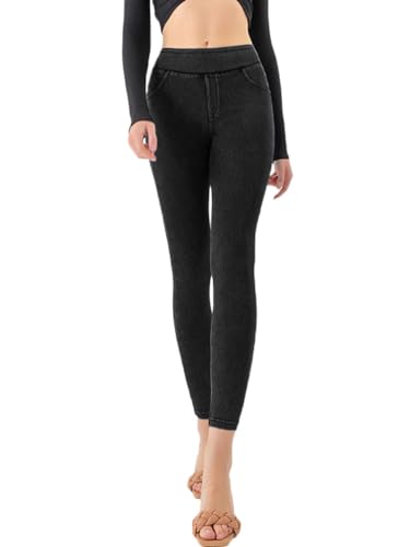 Onsoyours Jeggings Damen Stretch Leggings Skinny Jeans High Waist Sportleggins Jogginghose Denim Stretch Hose mit Taschen Pants Fitnesshose Yogahose A Schwarz M von Onsoyours