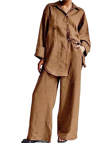 Onsoyours Jogginganzug Damen Hosenanzug Damen Leinen Casual 2 teiler Set Einfarbig Leinenhemd Blusen Button Down und Hosen Weite High Waist Chic Anzug Outfit Streetwear A Khaki L von Onsoyours