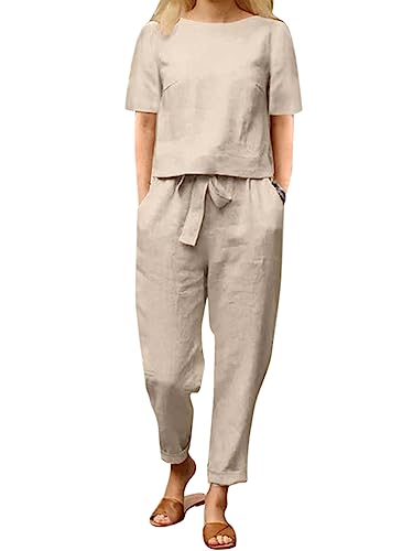 Onsoyours Jogginganzug Damen Hosenanzug Damen Leinen Casual 2 teiler Set Leinenhemd Kurzarm Blusen und Hosen Weite High Waist Chic Anzug Outfit Loungewear Sommer B Khaki M von Onsoyours