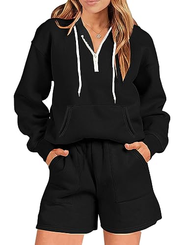 Onsoyours Jogginganzug Damen Set Trainingsanzug Halber ReißVerschluss Kapuzenpullover Freizeitanzug Kapuzenjacke & Und Elastische Hoher Taille Weitem Bein Shorts A Schwarz XXL von Onsoyours