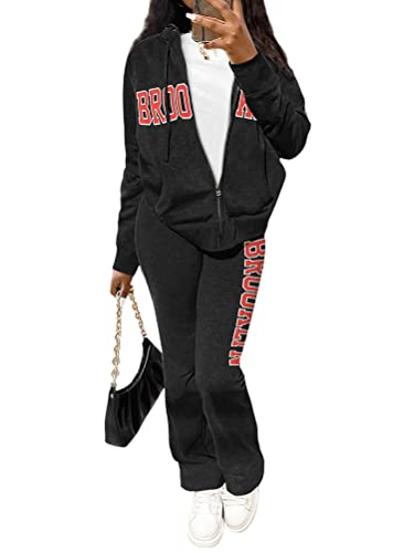 Onsoyours Jogginganzug Damen Set Trainingsanzug Zweiteiler Buchstaben Druck Langarm Frauen Sport Anzug Polyester Freizeitanzug Kapuzenjacke Sporthose Mit Reißverschluss Schwarz L von Onsoyours