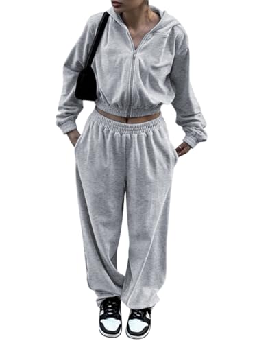 Onsoyours Jogginganzug Damen Set Trainingsanzug Zweiteiler Frauen Sport Anzug Polyester Freizeitanzug Kapuzenjacke + Lange Hose Sportswear 2 Stück Set mit Taschen A Grau M von Onsoyours