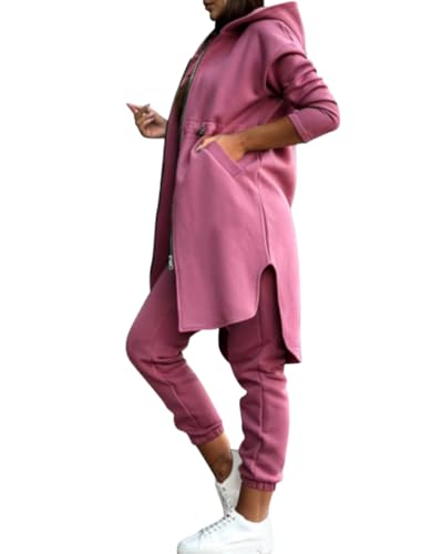 Onsoyours Jogginganzug Damen Set Trainingsanzug Zweiteiler Frauen Sport Anzug Polyester Freizeitanzug Kapuzenjacke + Sporthose Lang Tracksuit Women Hausanzug A Violett XXL von Onsoyours