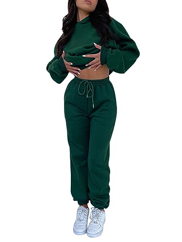 Onsoyours Jogginganzug Damen Traingsanzug Sport Frauen 2 Teilig Freizeit Hoodie Kapuzenpullover Einfarbig Langarm Top + Jogginghose Sportswear 2 Stück Bekleidungsset A Dunkelgrün XXL von Onsoyours
