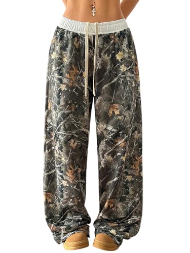 Onsoyours Jogginghose Damen Camouflage Sporthose Baggy Traininghose High Waist Freizeithose Lockere Sweatpants mit Elastischem Bund Weites Gerades Bein Hosen C Braun S von Onsoyours