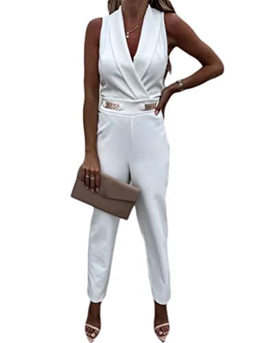 Onsoyours Jumpsuit Damen Elegant Ärmellos V-Ausschnitt Overall OL Lang Hosenanzug Frauen Playsuit Mit Taschen Einfarbig Romper Sommer A Weiß M von Onsoyours