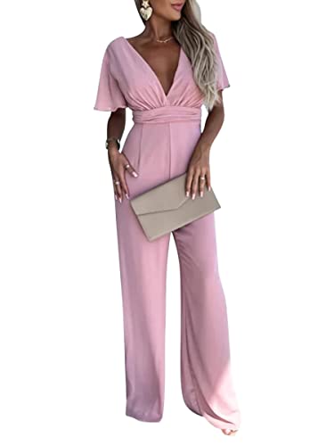 Onsoyours Jumpsuit Damen Elegant V-Ausschnitt Rückenfrei Hosenanzug Kurzarm Mit Rüschen Playsuit Romper Casual Weites Bein Lange Jumpsuit Sommer Overall A Rosa XL von Onsoyours