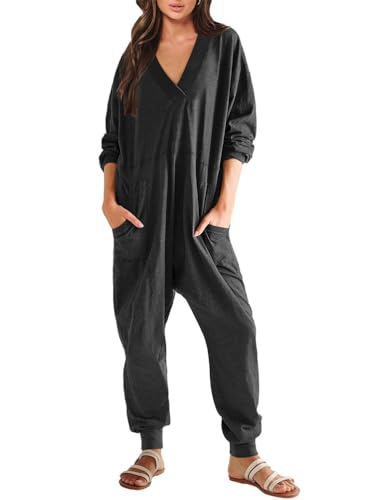 Onsoyours Jumpsuit Damen Lang Einteiler Langarm V-Ausschnitt Overall Jogging Casual Hosenanzug Einfarbig Baggy Romper Mit Taschen Warm Hausanzug A Schwarz XL von Onsoyours