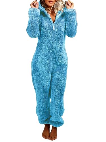 Onsoyours Jumpsuit Damen Schlafoveralls Onesie Jogging Anzug mit Kapuze Trainingsanzug Einteiler Schlafanzug Langarm Strampler Kuscheliges Pyjamas mit Reißverschluss A Blau 02 S von Onsoyours