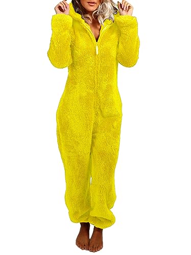 Onsoyours Jumpsuit Damen Schlafoveralls Onesie Jogging Anzug mit Kapuze Trainingsanzug Einteiler Schlafanzug Langarm Strampler Kuscheliges Pyjamas mit Reißverschluss A Gelb S von Onsoyours