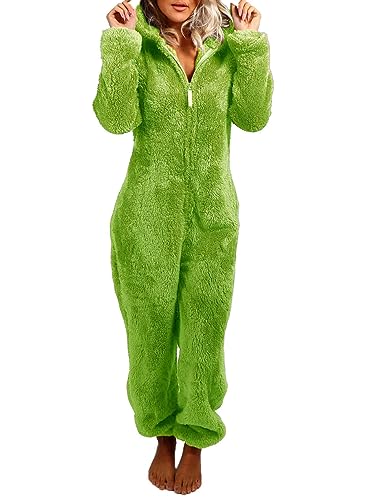 Onsoyours Jumpsuit Damen Schlafoveralls Onesie Jogging Anzug mit Kapuze Trainingsanzug Einteiler Schlafanzug Langarm Strampler Kuscheliges Pyjamas mit Reißverschluss A Grün 3XL von Onsoyours