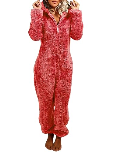Onsoyours Jumpsuit Damen Schlafoveralls Onesie Jogging Anzug mit Kapuze Trainingsanzug Einteiler Schlafanzug Langarm Strampler Kuscheliges Pyjamas mit Reißverschluss A Rot 02 3XL von Onsoyours