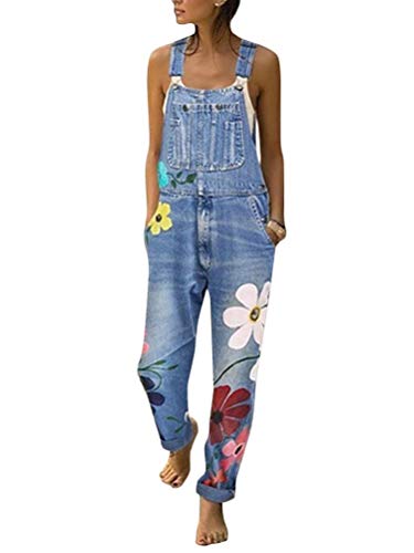 Onsoyours Jumpsuit Damen Sommer Latzhose Jeans Hose Vintage Loose Fit Jeanshosen Overall Blumen Denim Playsuit Romper Blau XL von Onsoyours