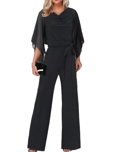 Onsoyours Jumpsuit Damen Sommer Playsuit 3/4-Arm Overall Lang Weites Bein Elegant Spitze Playsuit Romper Spielanzug Hochzeit Party Hosenanzug B Schwarz L von Onsoyours