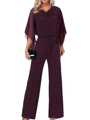Onsoyours Jumpsuit Damen Sommer Playsuit 3/4-Arm Overall Lang Weites Bein Elegant Spitze Playsuit Romper Spielanzug Hochzeit Party Hosenanzug B Weinrot L von Onsoyours