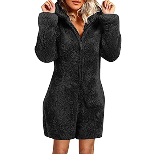 Onsoyours Jumpsuit Kurze Damen Teddy Fleece Onesie Verdickter Plüsch Einteiler Overall Mit Kapuze Pyjama Bequemer Weich Warm Hausanzug Anzug Shorts Flauschig Schlafanzug Kuschelig B Schwarz M von Onsoyours