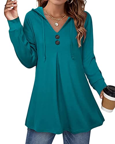 Onsoyours Kapuzenpullover Damen Tunika Langarm V-Ausschnitt Knopf Elegant Einfarbig Pullover Hoodie Pulli Oberteile Sweatshirt Tops mit Kordelzug A Blau XXL von Onsoyours