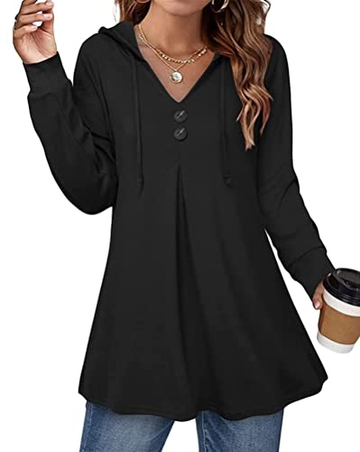 Onsoyours Kapuzenpullover Damen Tunika Langarm V-Ausschnitt Knopf Elegant Einfarbig Pullover Hoodie Pulli Oberteile Sweatshirt Tops mit Kordelzug A Schwarz XS von Onsoyours