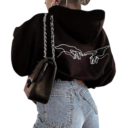Onsoyours Kapuzenpullover Für Damen Herbst Winter Hoodie Promise Letter Print Sweatshirt Lose Casual Hip Hop Langarmshirt Pullover Mit Kordel Und Taschen Outerwear A Schwarz M von Onsoyours