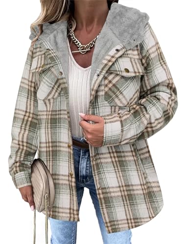 Onsoyours Karierte Jacke Damen Wintermantel Plüsch Fleece Gefüttert Warme Winterjacke mit Kapuze Langarm Karierte Jacke mit Knöpfen A Grau M von Onsoyours