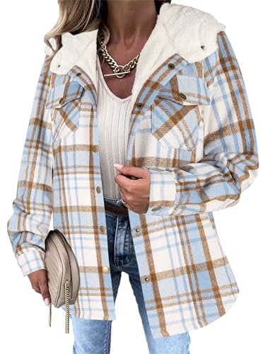 Onsoyours Karierte Jacke Damen Wintermantel Plüsch Fleece Gefüttert Warme Winterjacke mit Kapuze Langarm Karierte Jacke mit Knöpfen A Hellblau L von Onsoyours