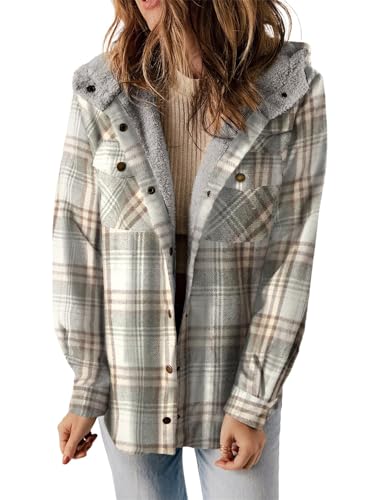 Onsoyours Karierte Jacke Damen Wintermantel Plüsch Fleece Gefüttert Warme Winterjacke mit Kapuze Langarm Karierte Jacke mit Knöpfen B Grau M von Onsoyours