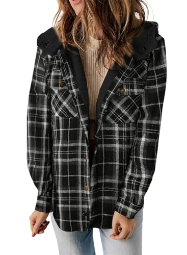 Onsoyours Karierte Jacke Damen Wintermantel Plüsch Fleece Gefüttert Warme Winterjacke mit Kapuze Langarm Karierte Jacke mit Knöpfen B Schwarz XXL von Onsoyours
