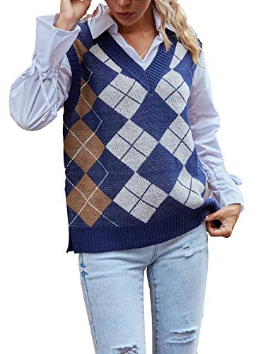 Onsoyours Karierte Strick Tank Top Strickwaren Damen Baumwoll V-Ausschnitt Strickpullover Loose Sweate Oversize Pullover Sweatjacke Tops Sweatshirt Herbst Winter I Blau S von Onsoyours