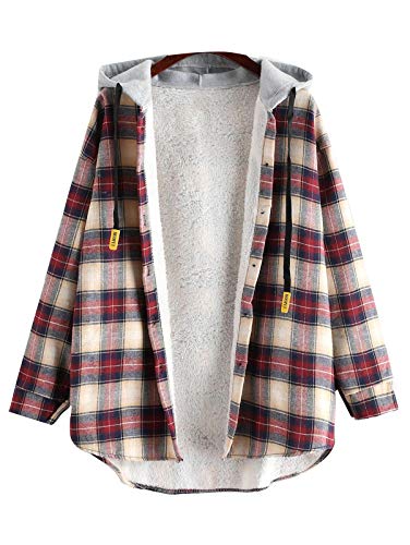 Onsoyours Kariertes Knöpfen Taschen Oversize Mantel Jacke Hemdjacke Holzfällerjacke Damen Mode Plaid Fleece Jacke Mit Kapuze (S, 01 Rot) von Onsoyours