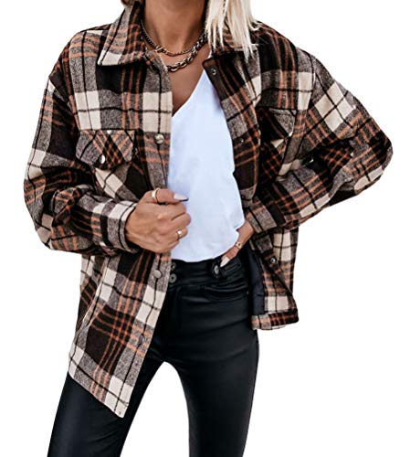 Onsoyours Kariertes Taschen Knöpfen Langarm Oversize Bluse Mantel Hemdjacke Holzfällerjacke Damen Mode Leichte Hemd Jacke Boyfreind Herbst Oberteile Top B Braun XS von Onsoyours