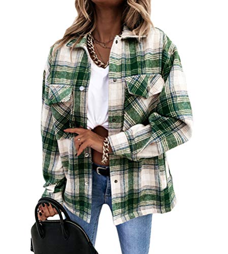 Onsoyours Kariertes Taschen Knöpfen Langarm Oversize Bluse Mantel Hemdjacke Holzfällerjacke Damen Mode Leichte Hemd Jacke Boyfreind Herbst Oberteile Top B Grün M von Onsoyours
