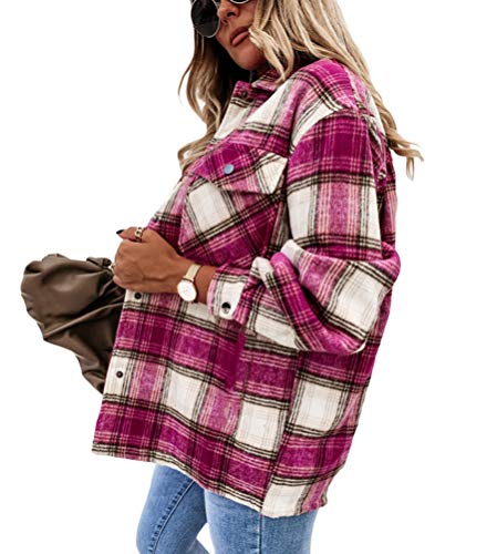 Onsoyours Kariertes Taschen Knöpfen Langarm Oversize Bluse Mantel Hemdjacke Holzfällerjacke Damen Mode Leichte Hemd Jacke Boyfreind Herbst Oberteile Top B Rosa L von Onsoyours