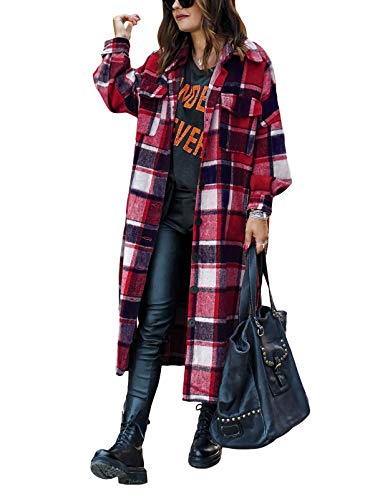 Onsoyours Kariertes Taschen Knöpfen Langarm Oversize Bluse Mantel Hemdjacke Holzfällerjacke Damen Mode Z4 Rot M von Onsoyours