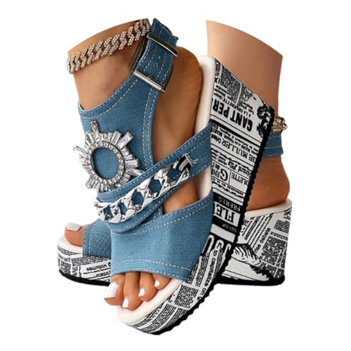 Onsoyours Keilsandalen Damen Strass Kette Sandaletten mit Keilabsatz Plateau Sommer Frauen Schuhe Strandsandalen Slingback Peep Toe Elegant Sommerschuhe mit Schnalle A Blau 39 EU von Onsoyours