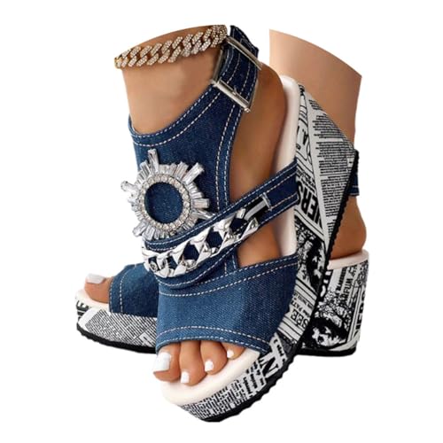 Onsoyours Keilsandalen Damen Strass Kette Sandaletten mit Keilabsatz Plateau Sommer Frauen Schuhe Strandsandalen Slingback Peep Toe Elegant Sommerschuhe mit Schnalle A Dunkelblau 40 EU von Onsoyours