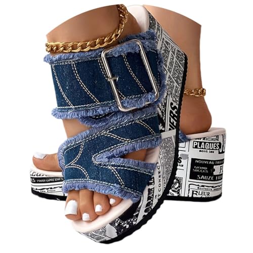 Onsoyours Keilsandalen Damen Strass Kette Sandaletten mit Keilabsatz Plateau Sommer Frauen Schuhe Strandsandalen Slingback Peep Toe Elegant Sommerschuhe mit Schnalle B Dunkelblau 43 EU von Onsoyours