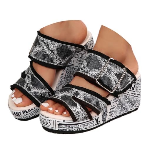 Onsoyours Keilsandalen Damen Strass Kette Sandaletten mit Keilabsatz Plateau Sommer Frauen Schuhe Strandsandalen Slingback Peep Toe Elegant Sommerschuhe mit Schnalle B Schwarz 37 EU von Onsoyours