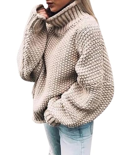 Onsoyours Khaki Hoher Stehkragen Rollkragen Langarm Oversize Strickpullover Pulli Damen Mode Sweater Sweatshirt M von Onsoyours