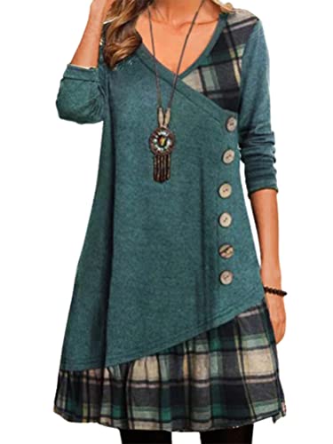 Onsoyours Kleid Damen Casual Langarm V-Ausschnitt Kariertes Kleid Knielang Freizeitkleid Herbst Swing Hohe Taille A-Linien Knopf Midikleid A Grün XXL von Onsoyours